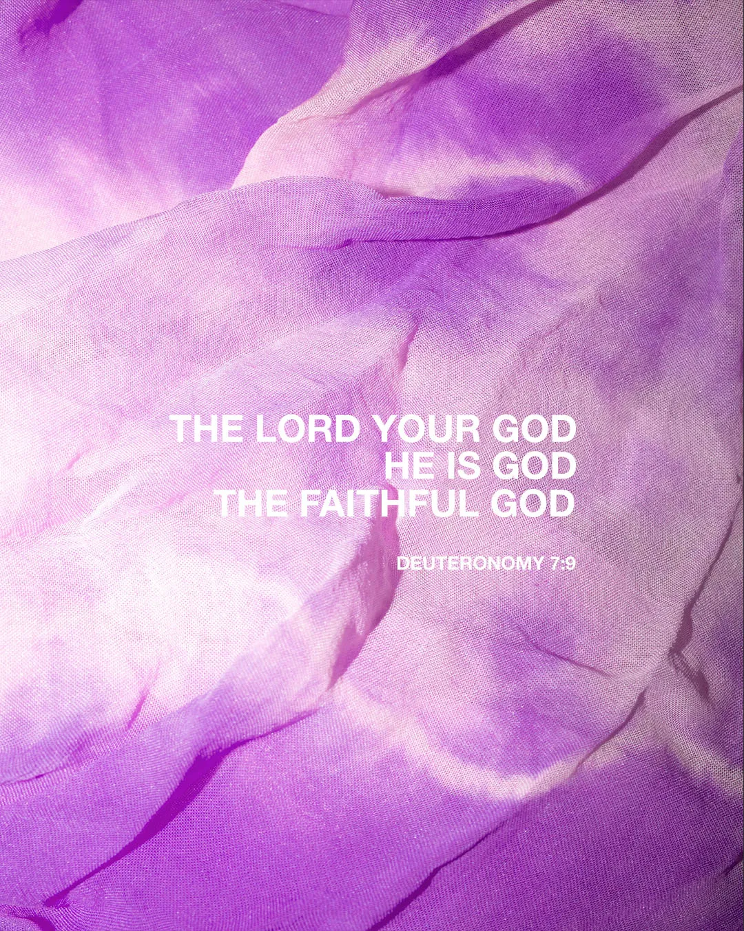 Elegant church media featuring Deuteronomy 7:9 "The Lord your God He is God the faithful God" on a flowing purple fabric background with soft light effects.