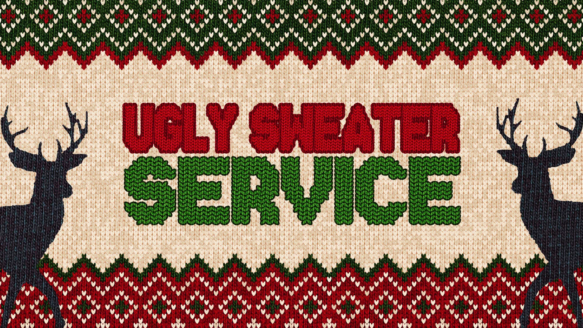 Ugly sweater Christmas church service graphic featuring knit pattern design with deer silhouettes and text reading "Ugly Sweater Service" in red and green knitted letters on cream background
