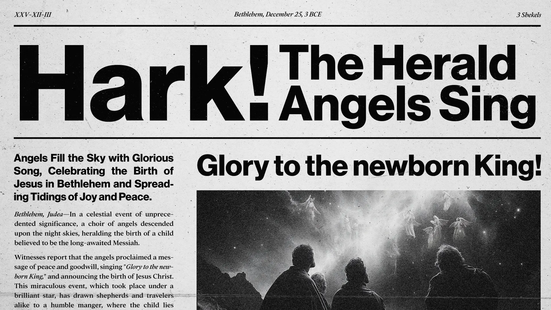 Vintage newspaper front page with "Hark! The Herald Angels Sing" headline and black and white image of shepherds watching angels appear in night sky