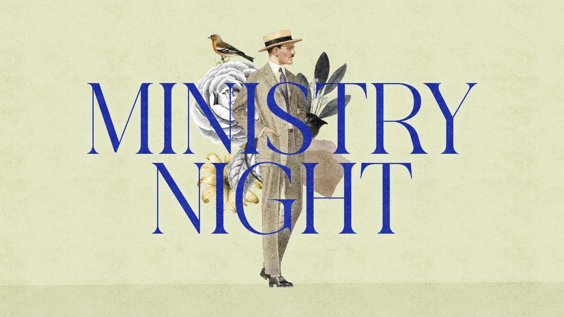 Experimental church media design featuring 'Ministry Night' in blue serif typography with vintage collage elements including a gentleman figure, bird, and florals on cream background