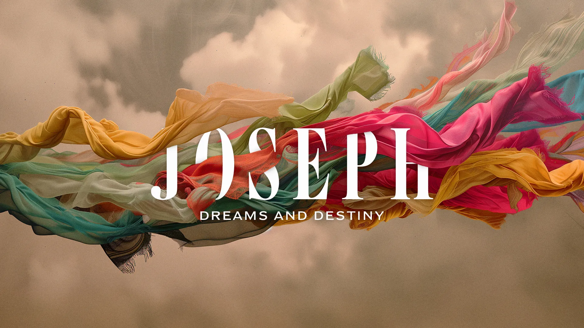 Joseph Dreams and Destiny sermon series church media design with flowing colorful fabrics against cloudy background and modern typography