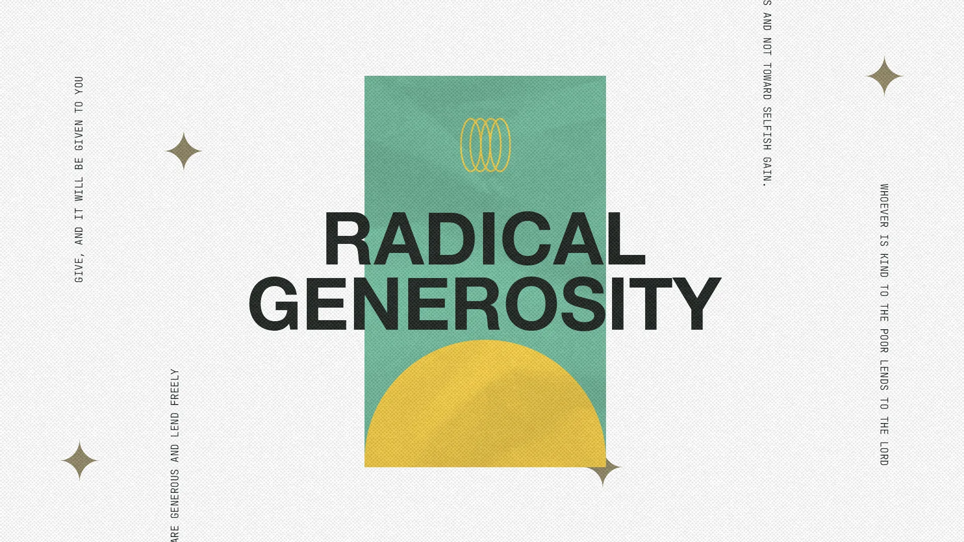 Minimal design with "RADICAL GENEROSITY" text in bold black letters on green geometric background with yellow semicircle and decorative star elements