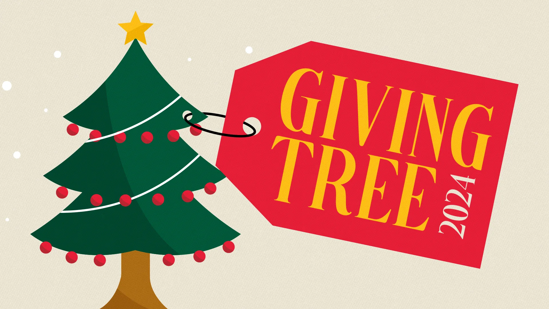 Illustrated Christmas tree with red ornaments and yellow star, accompanied by a red gift tag displaying "Giving Tree 2024" in yellow text on cream background