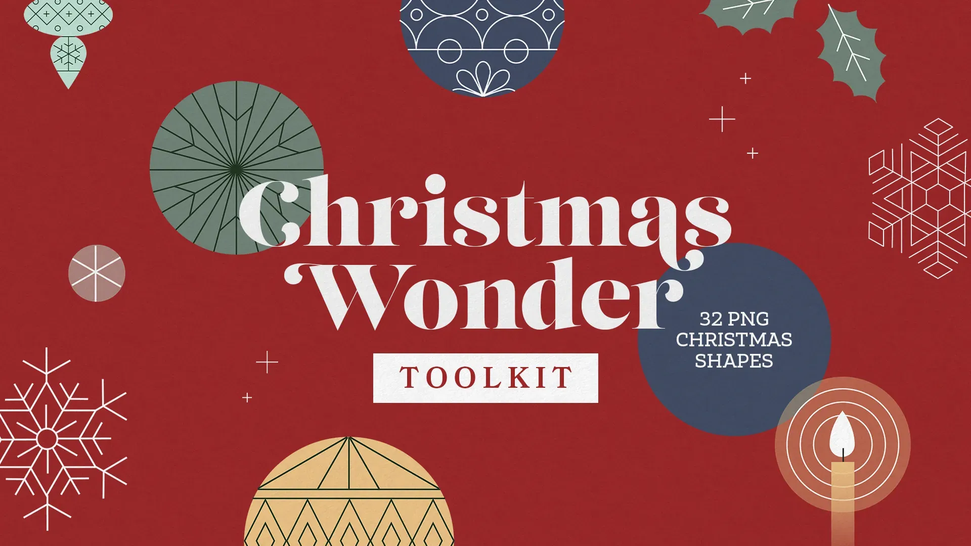 Modern minimalist Christmas design toolkit featuring geometric snowflakes, ornaments and seasonal shapes on a deep red background with white typography