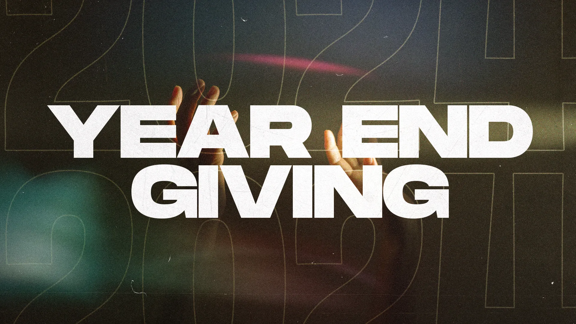 Year End Giving church graphic with bold white typography on dark background with teal accent lighting and geometric patterns