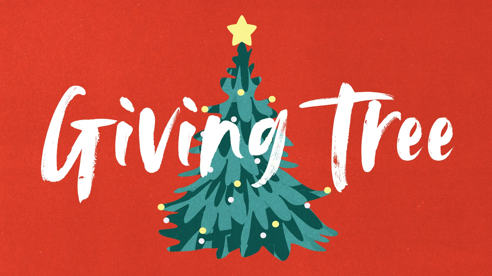 Modern Christmas church media design with white hand-lettered "Giving Tree" text and illustrated green Christmas tree with yellow star on red background