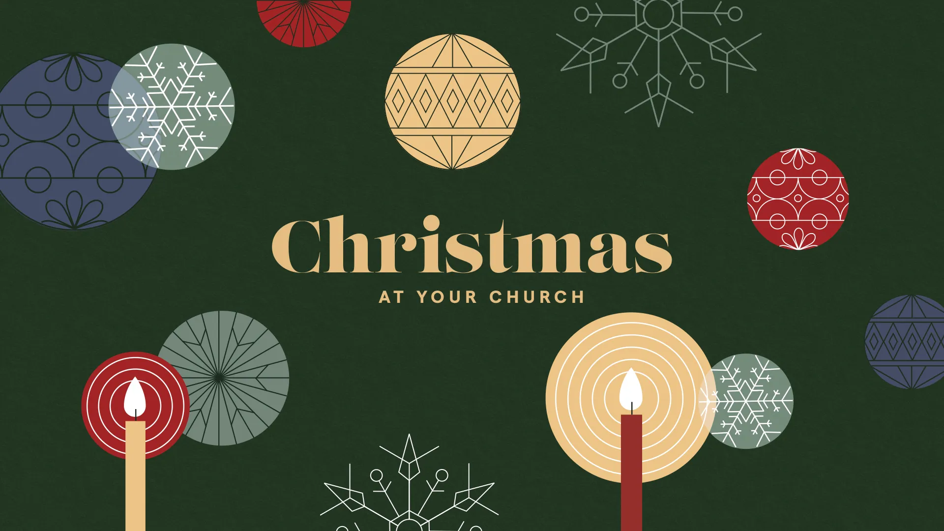 Modern minimal Christmas church announcement design with stylized ornaments and candles on dark green background featuring gold typography