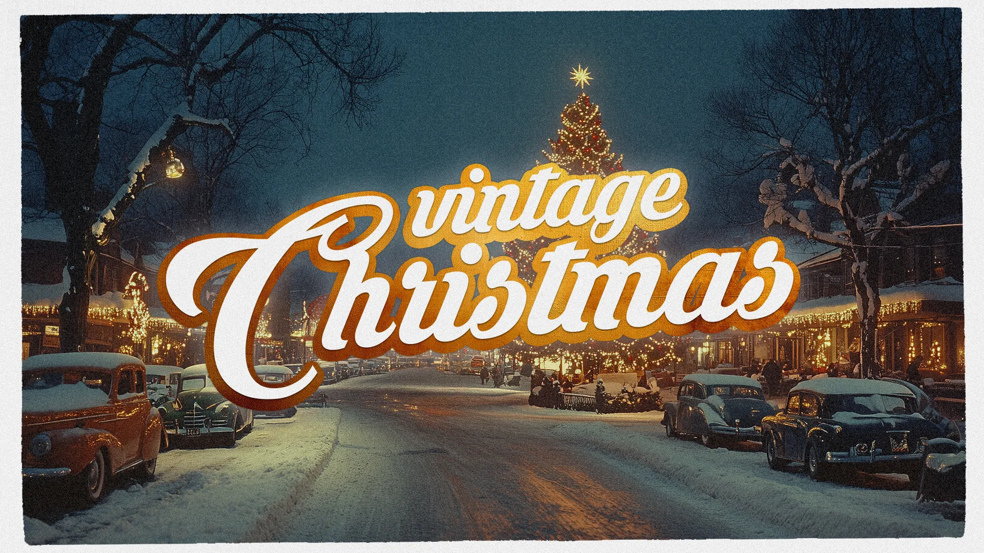 Vintage Christmas church media design featuring retro typography overlaid on a snowy winter town scene with classic cars and Christmas lights