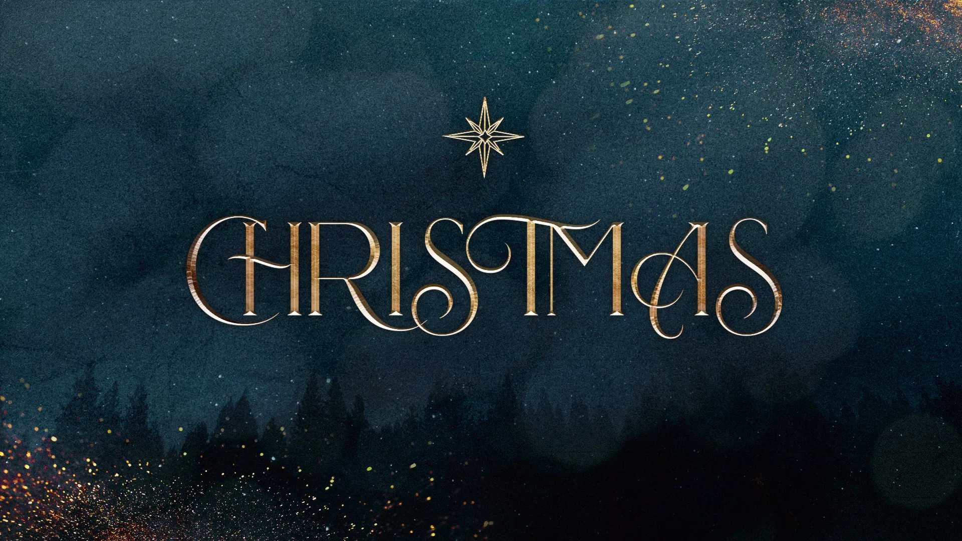 Elegant gold Christmas typography with decorative star on deep teal background with sparkle effects for church media
