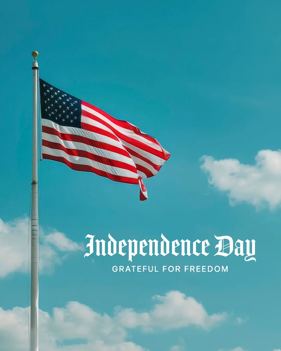 Professional Independence Day church media featuring American flag waving against blue sky with elegant typography stating "Independence Day - Grateful for Freedom" for patriotic church services.