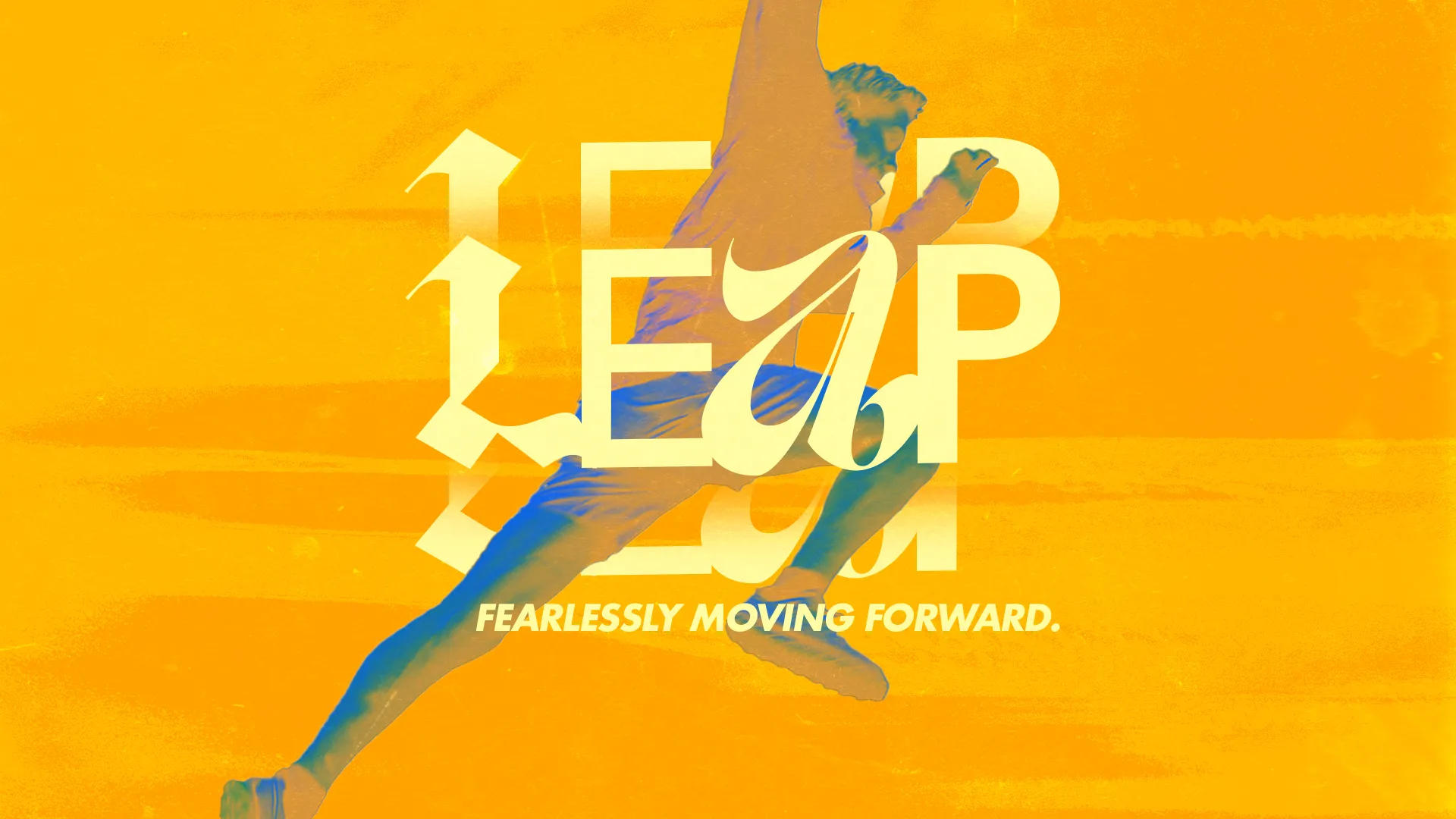 Abstract leaping figure silhouette in blue overlapping bold "LEAP" typography on bright yellow background with "Fearlessly Moving Forward" tagline