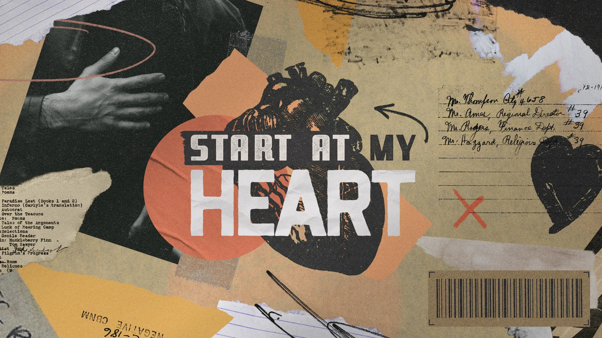 Grunge-style church graphic with anatomical heart illustration and "Start at my Heart" typography on vintage collage background