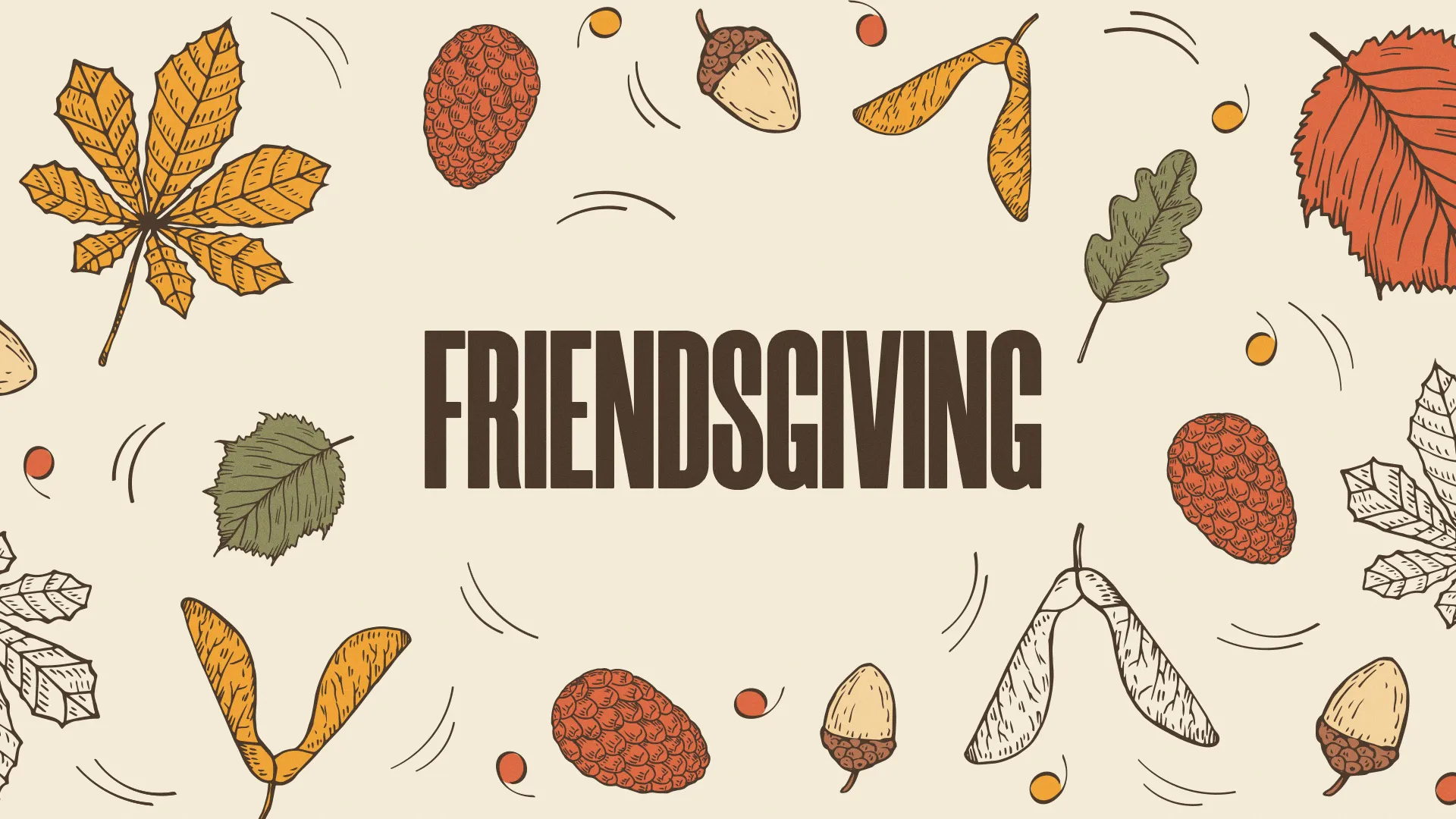 Colorful autumn leaves and acorns surround the word "FRIENDSGIVING," symbolizing community and gratitude in faith.