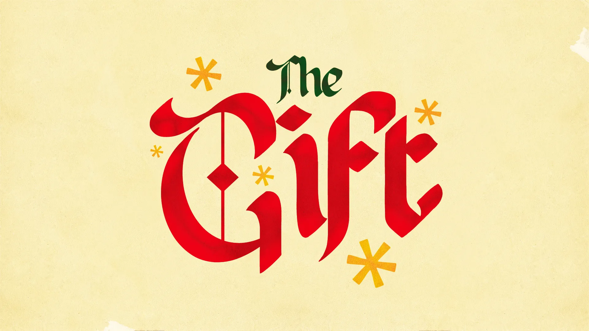 Minimalist Christmas church media design featuring stylized red medieval typography spelling "The Gift" with decorative yellow starbursts and green accent text on cream background