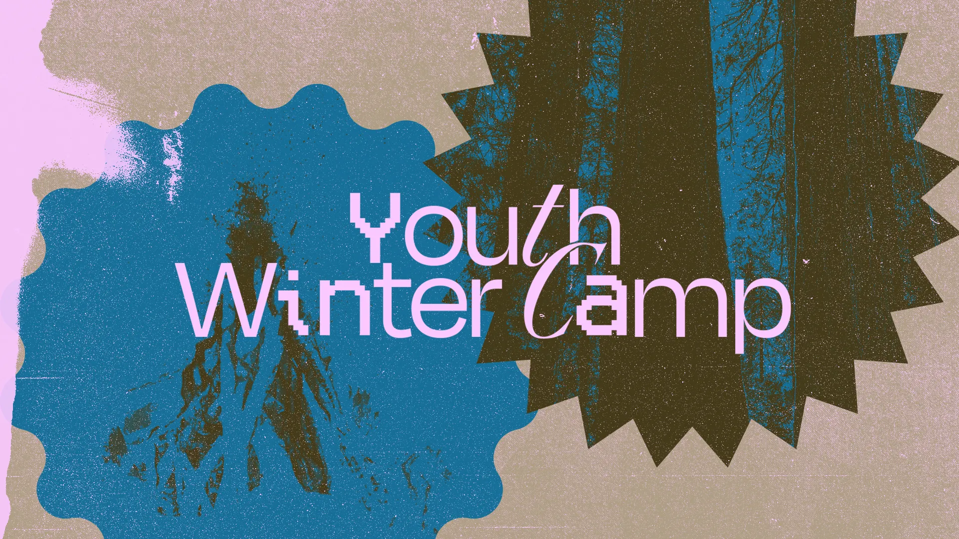Modern grunge-style church media design for youth winter camp featuring pixelated pink typography against a textured blue and tan winter background with distressed elements