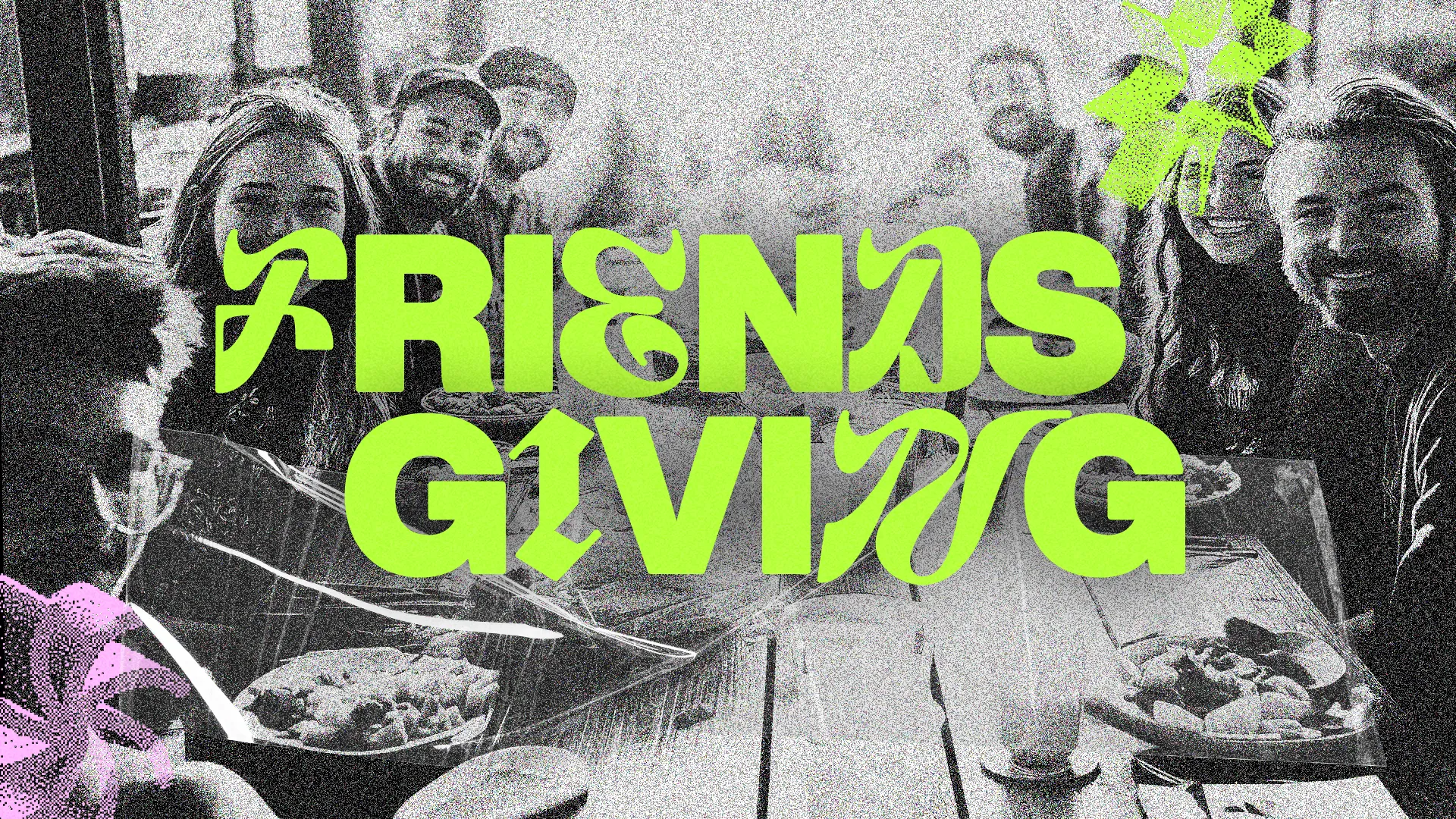Modern grunge-style church giving campaign graphic with neon green typography reading "Friends Giving" overlaid on a black and white community gathering photo