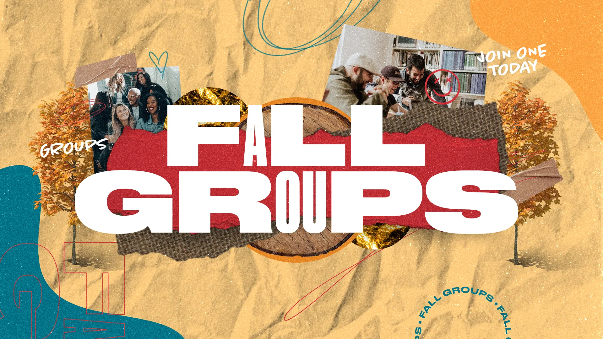 Fall Groups church media graphic with autumn colors, collage-style images of people in groups, and bold red text on a tan background.