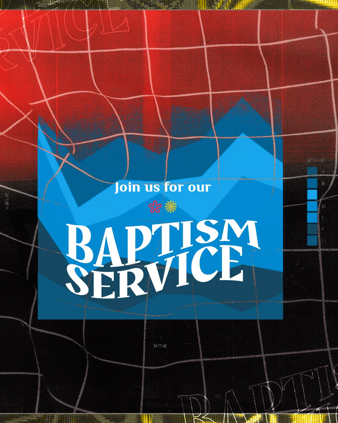 Contemporary baptism service invitation featuring blue wave design against red and black grid background with bold white typography for church announcement.