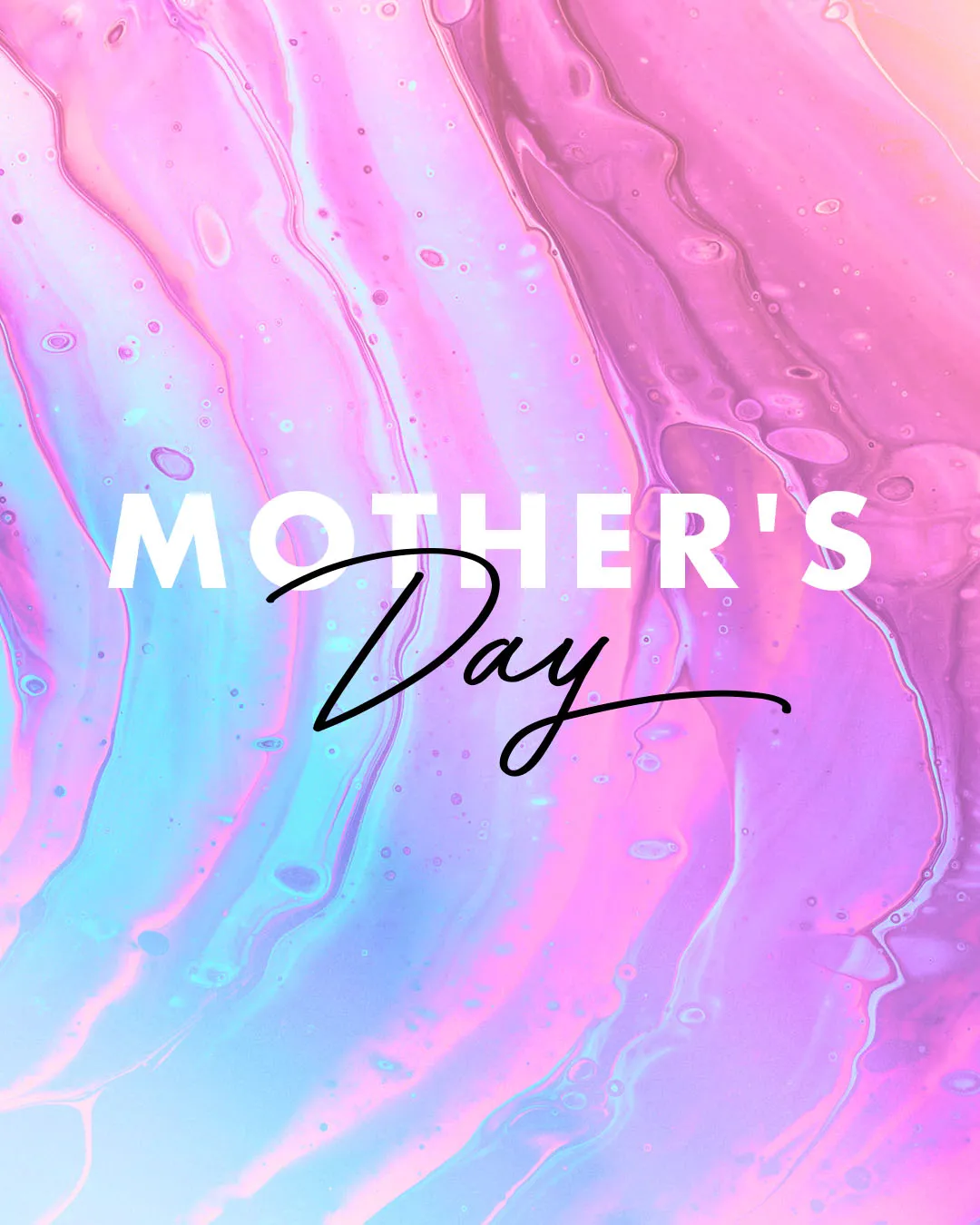 Elegant church media graphic for Mother's Day featuring mixed typography with bold white "MOTHER'S" and script black "Day" text against a beautiful pink and blue marbled background with flowing texture.