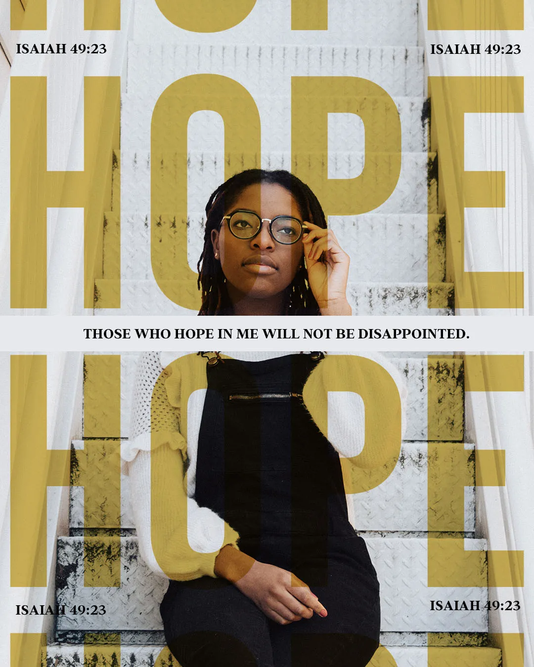 Type-driven church media design featuring bold gold "HOPE" typography overlaid on portrait of young woman with glasses, featuring Isaiah 49:23 "Those who hope in me will not be disappointed"