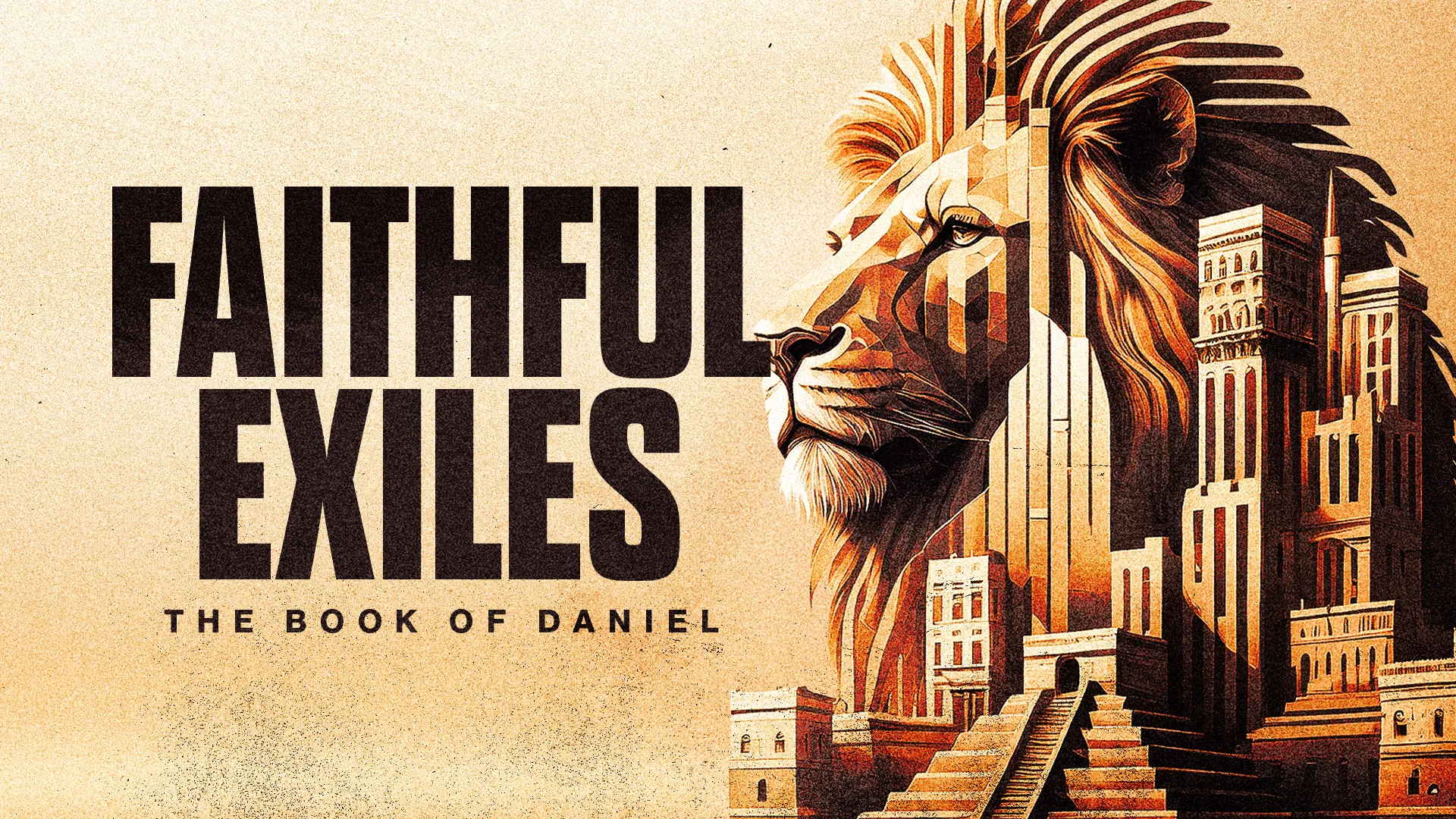 Bold lion alongside ancient cityscape, symbolizing faithfulness and strength in exile, inspired by the Book of Daniel.