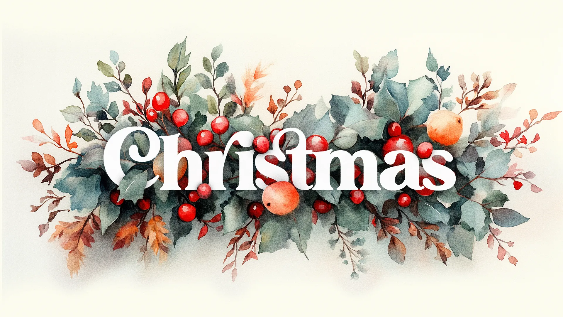 Watercolor Christmas design with white text surrounded by holly, berries, and festive foliage in green, red, and orange hues.