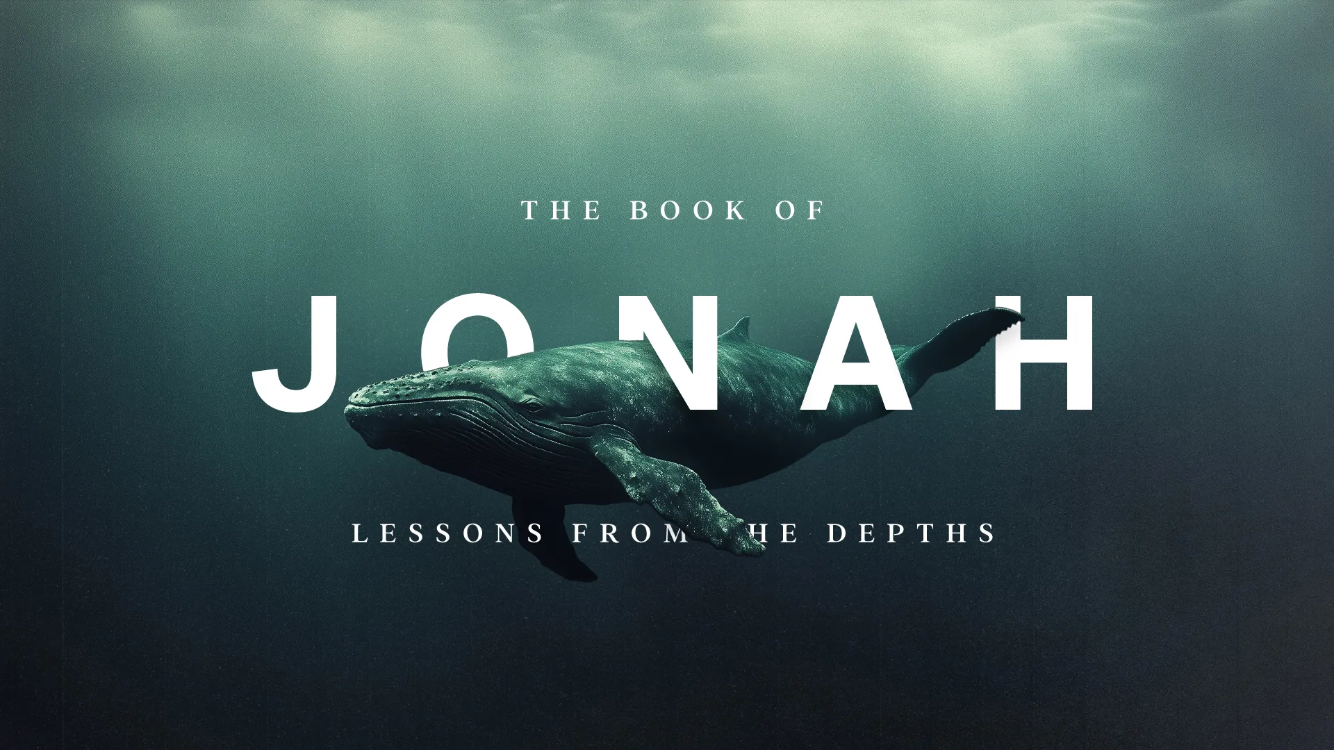 Church media design for "The Book of Jonah" sermon series featuring a whale swimming in deep teal waters with white text overlay.
