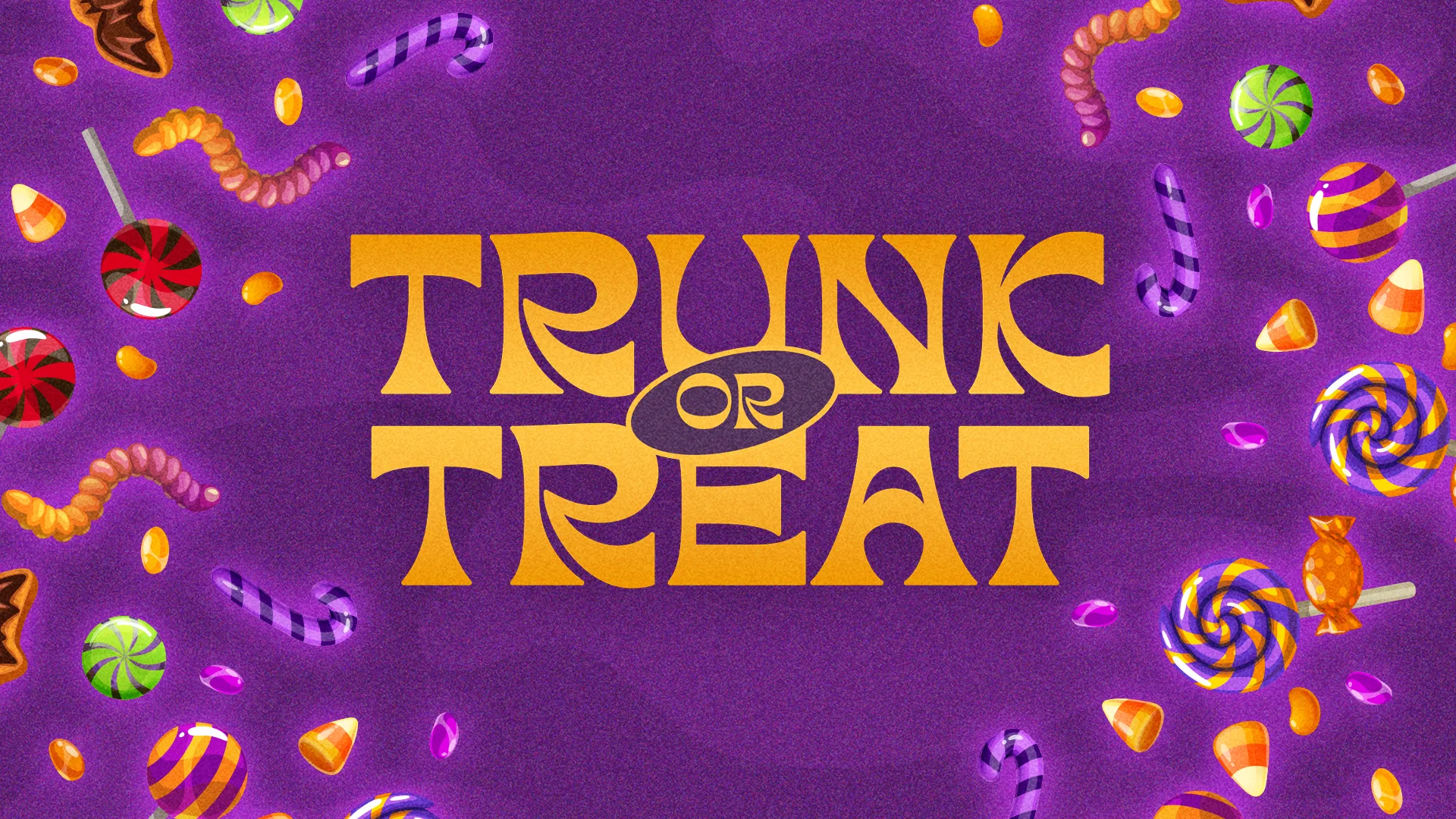 Colorful Trunk or Treat graphic with orange text surrounded by various candy illustrations on a purple background