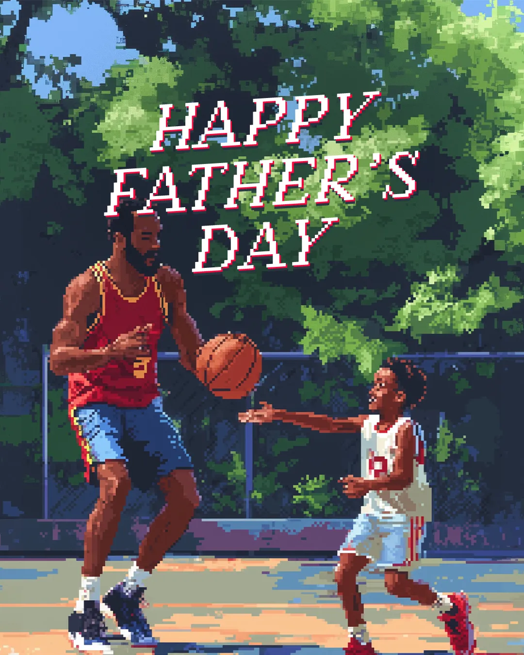 Pixel art Father's Day church social media template featuring 8-bit style illustration of father and child playing basketball outdoors with "HAPPY FATHER'S DAY" text in white letters with red outline