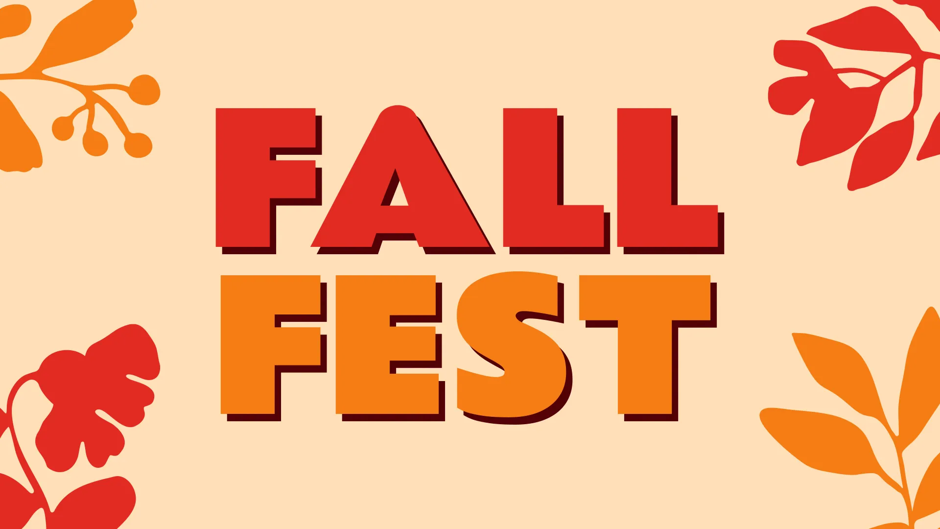 Minimalist Fall Fest graphic with bold red and orange text and stylized autumn leaves