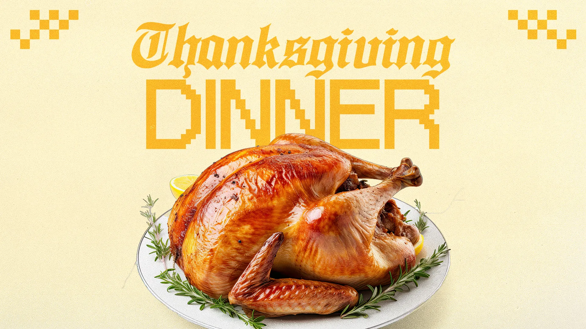 Thanksgiving Dinner graphic with vintage text and appetizing roasted turkey image