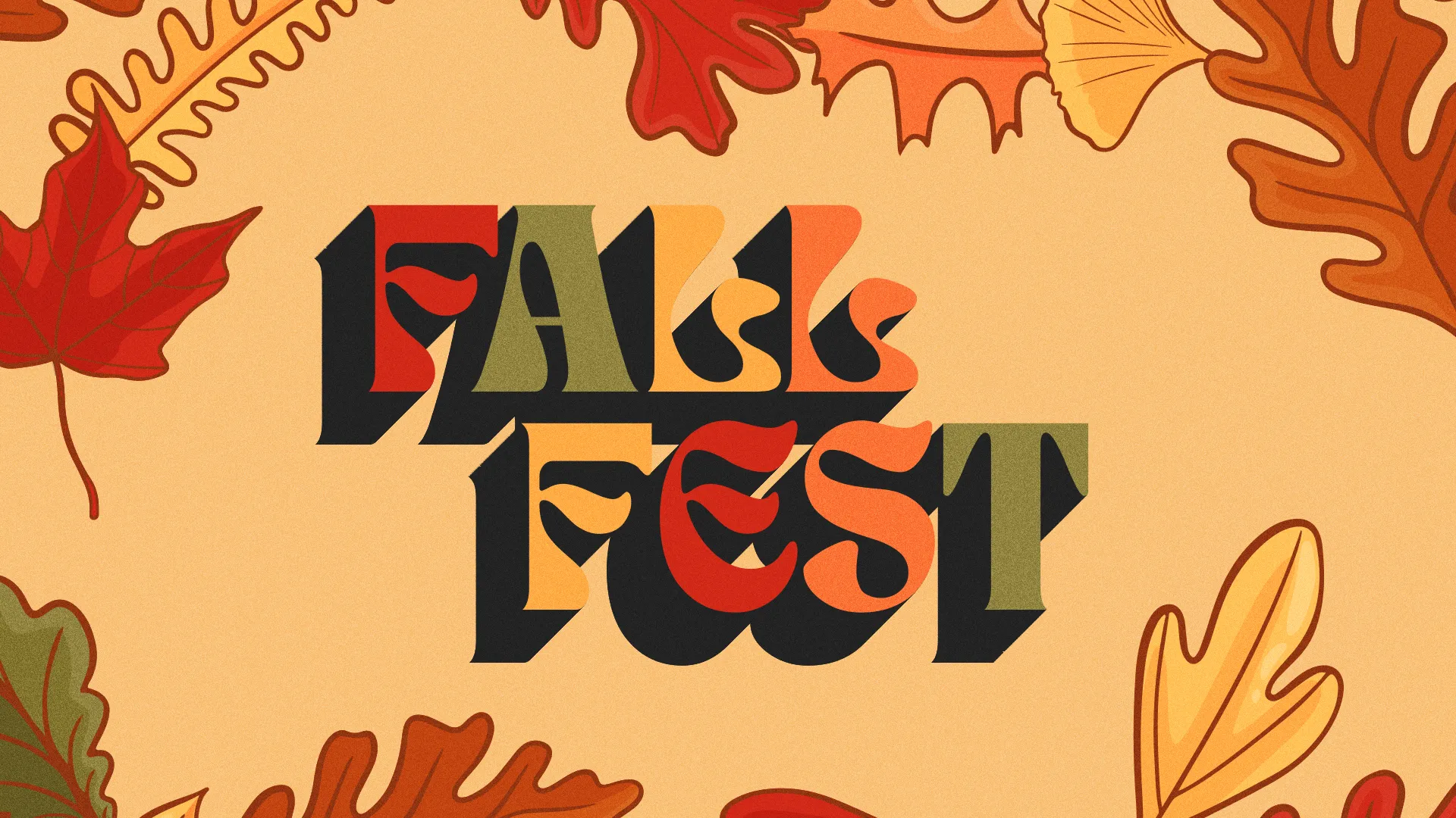Retro-style Fall Fest graphic with colorful autumn leaves and vintage typography