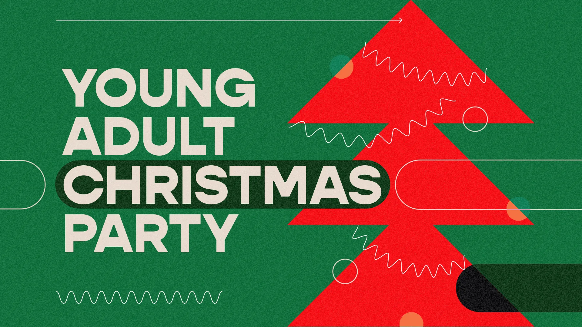 Modern Young Adult Christmas Party graphic with geometric Christmas tree design on green background