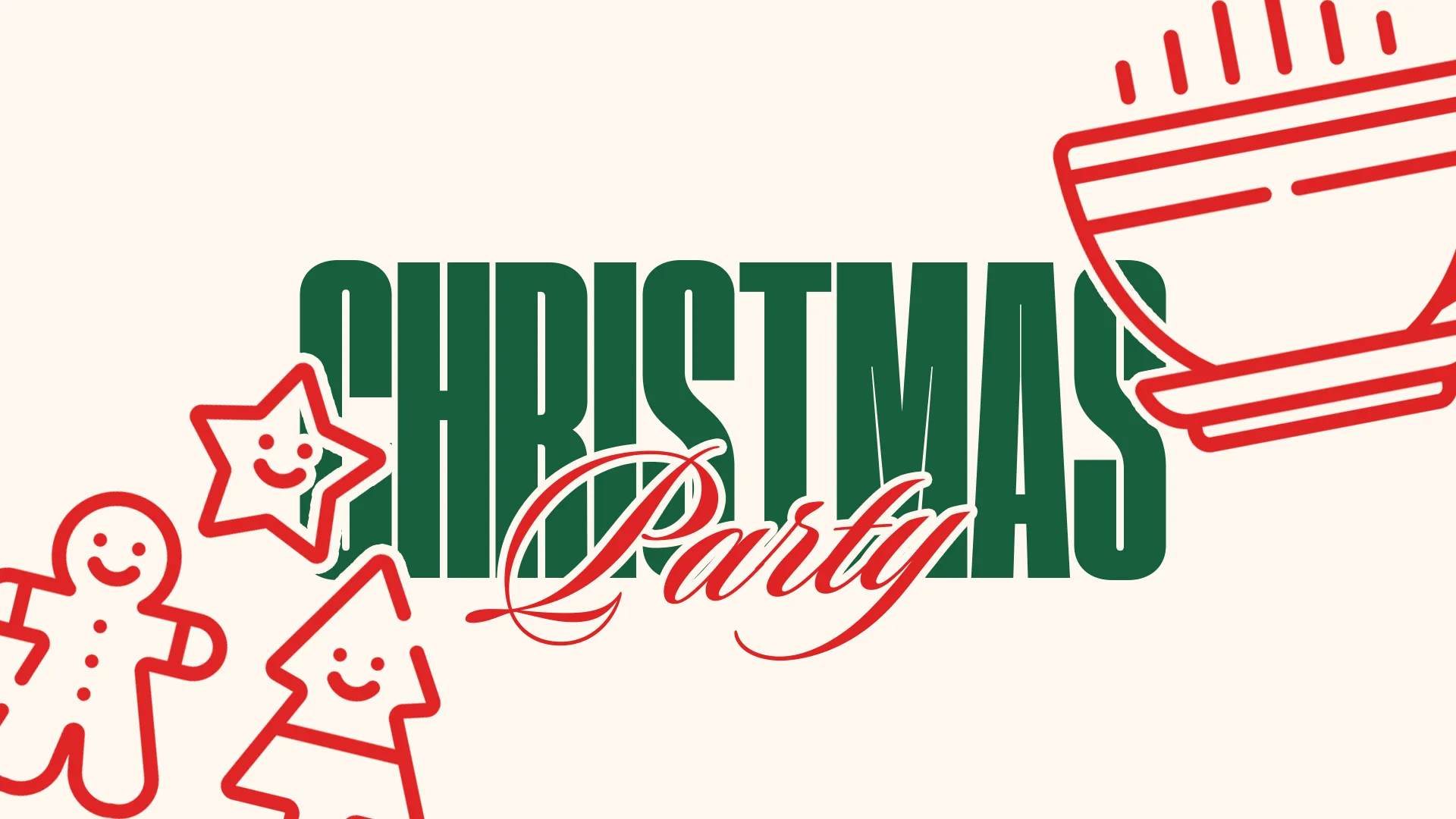 Vibrant Christmas Party graphic with bold green text, red script, and cheerful holiday illustrations including gingerbread man and star