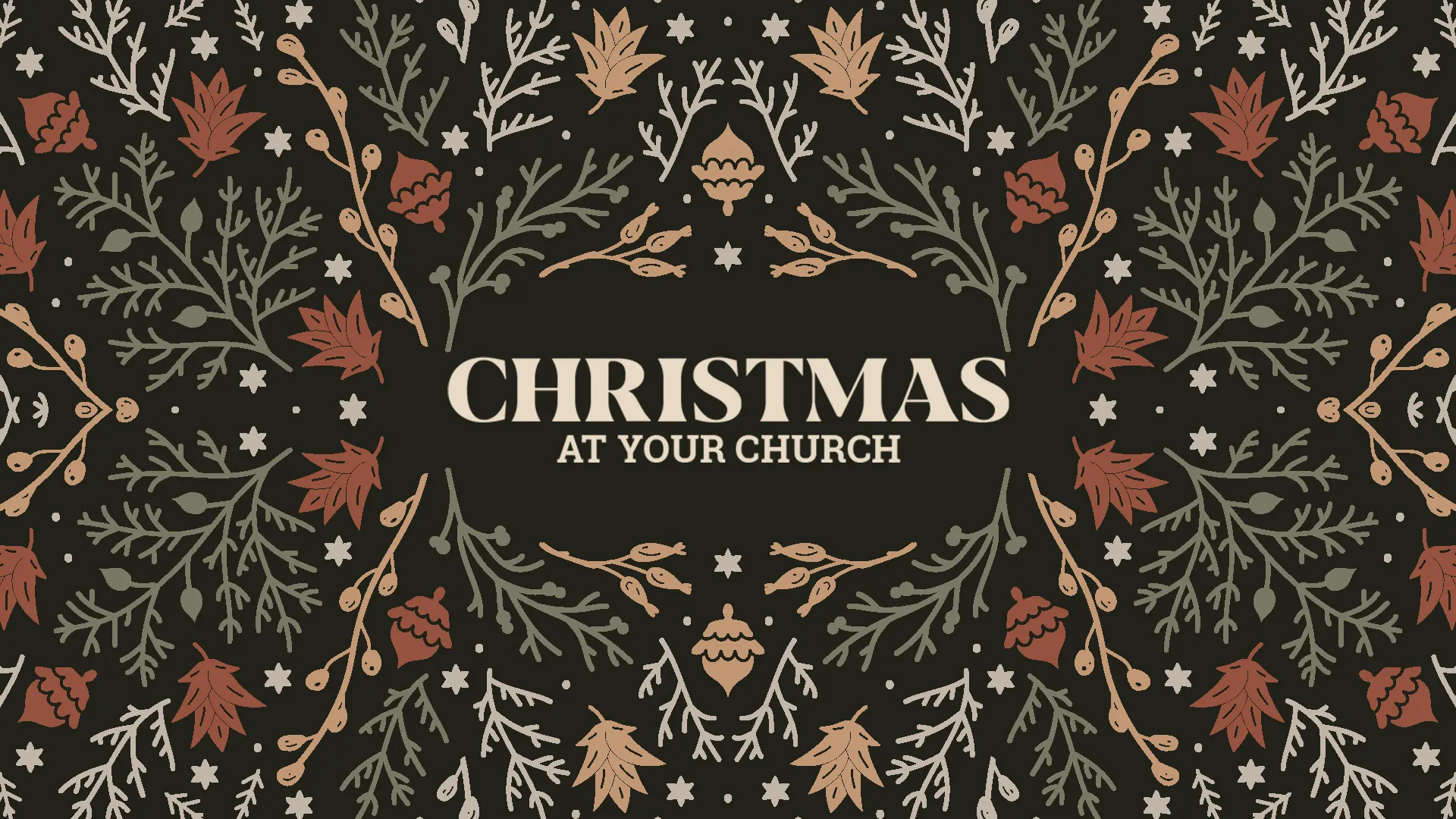Elegant Christmas at Your Church graphic with festive winter foliage pattern on dark background