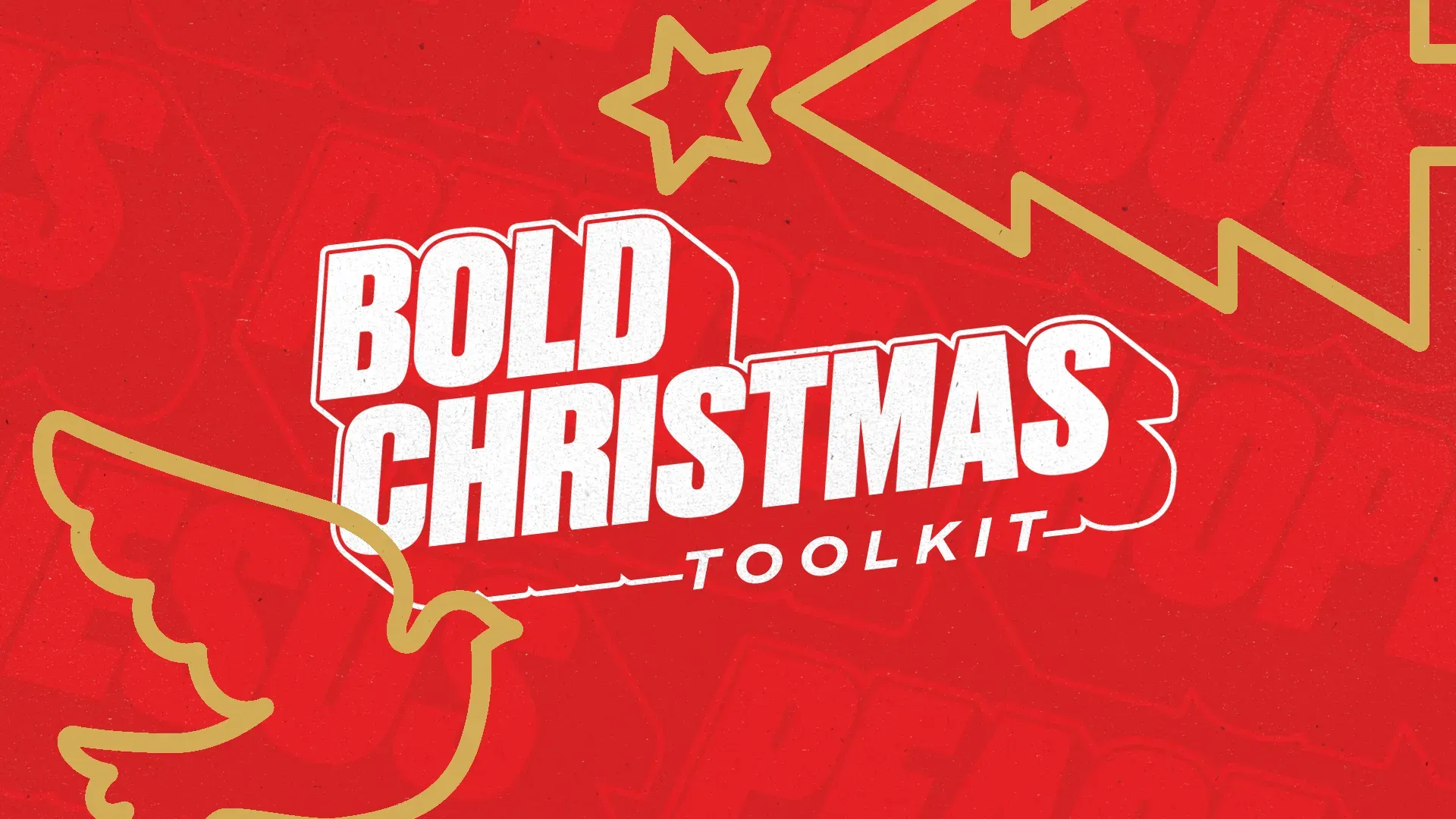 Bright red background with "Bold Christmas Toolkit" in large white text, featuring gold star and dove outlines.