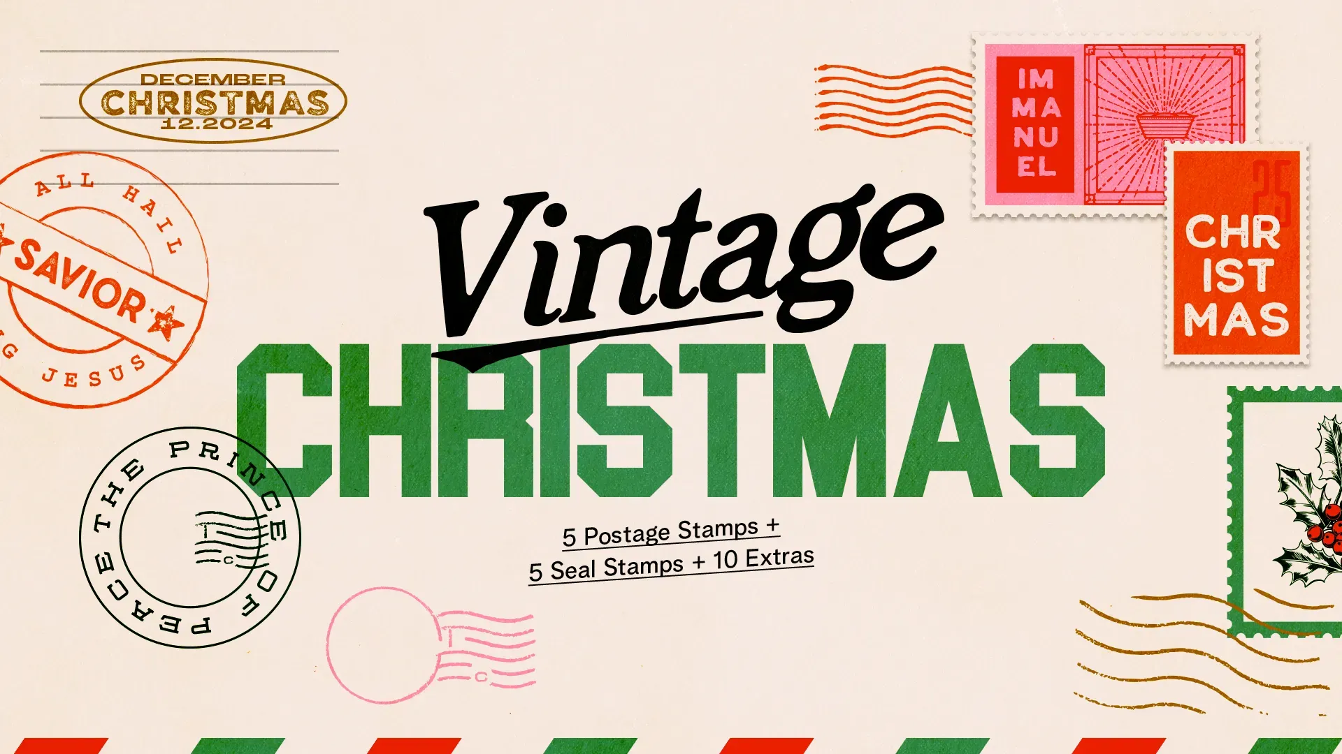 Vintage Christmas church media toolkit featuring "Vintage Christmas" text, postage stamp designs, and various holiday-themed elements.