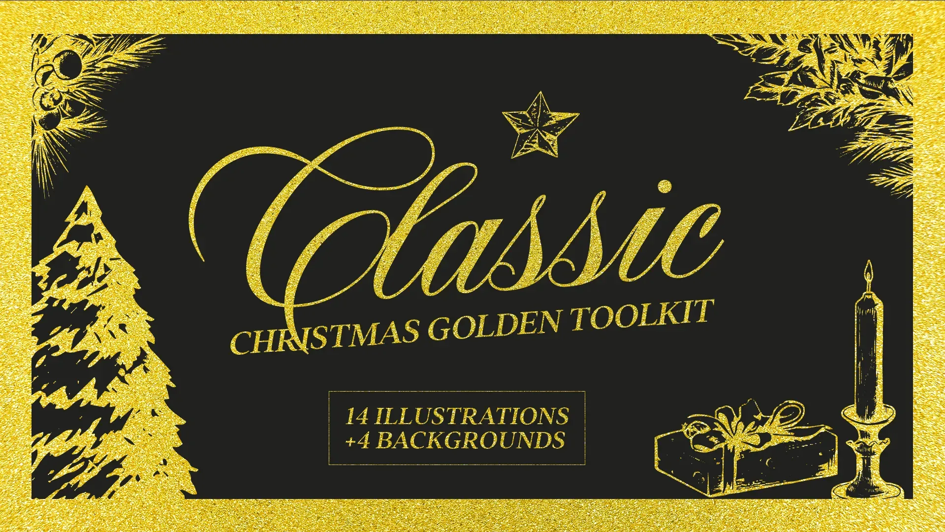Classic Christmas Golden Toolkit featuring gold foil illustrations on black background, including Christmas tree, star, gift, and candle