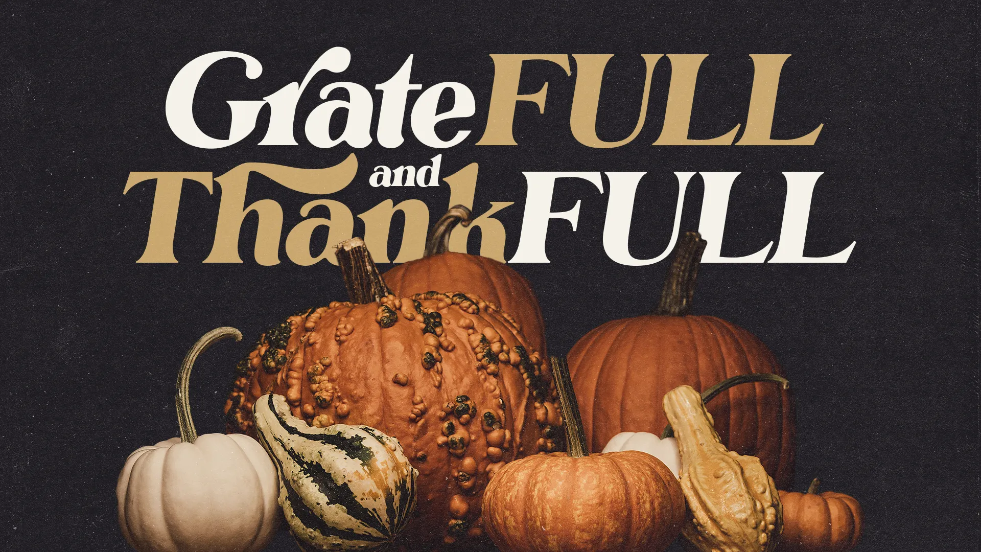 "Grateful and Thankful" text over image of various pumpkins and gourds on dark background