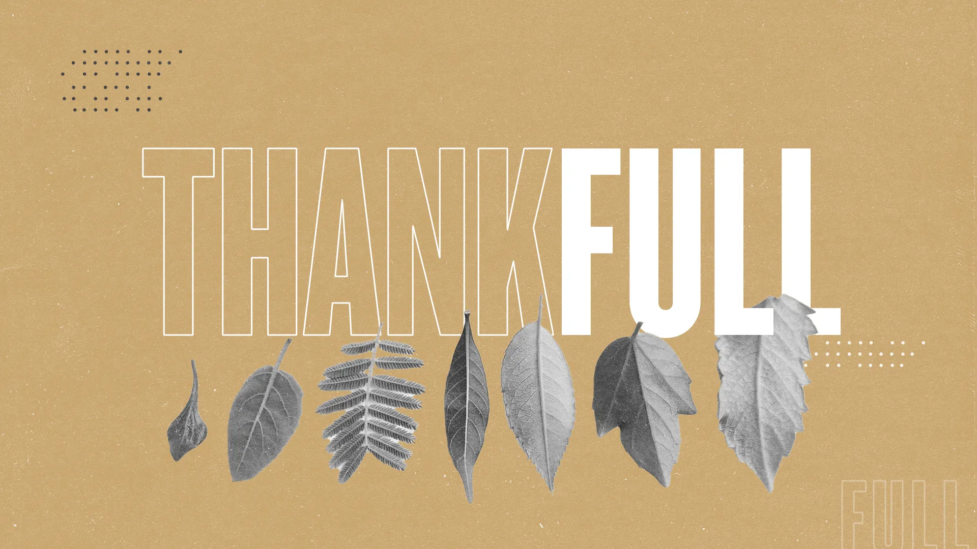 Minimalist "Thankful" text with grayscale leaves on golden background Please upload another graphic to review.