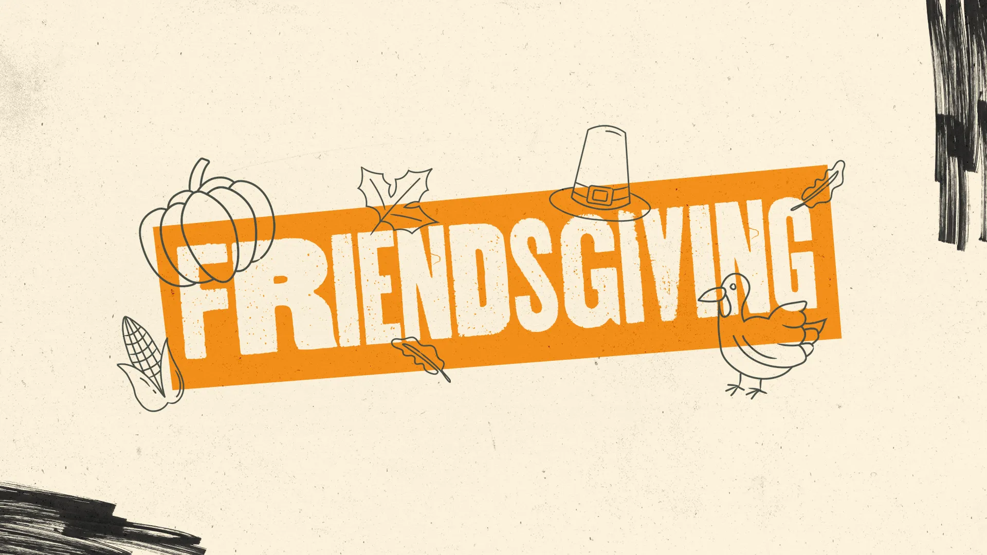 Celebration of community and gratitude, featuring autumn symbols for a Friendsgiving gathering.