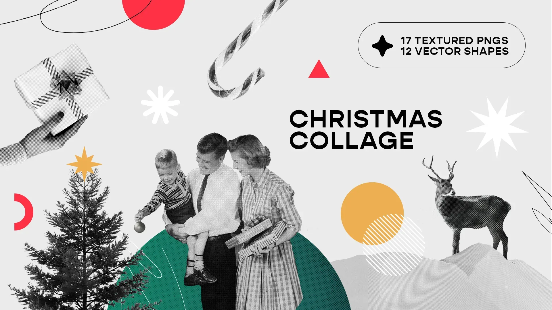 Christmas collage design kit featuring vintage family photo, Christmas tree, deer, and modern geometric shapes