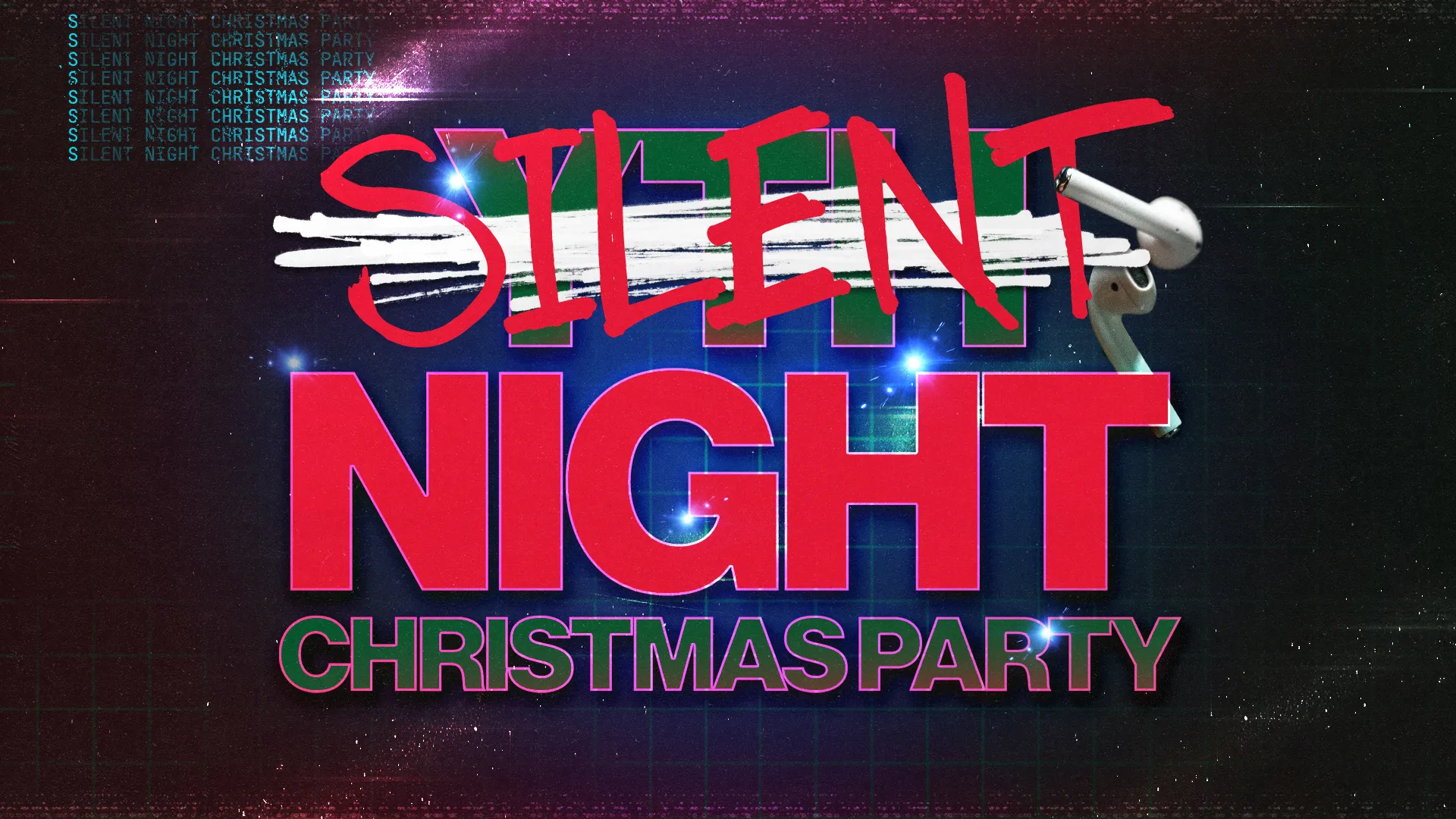Vibrant graphic for Silent Night Christmas Party with bold red text and starry background