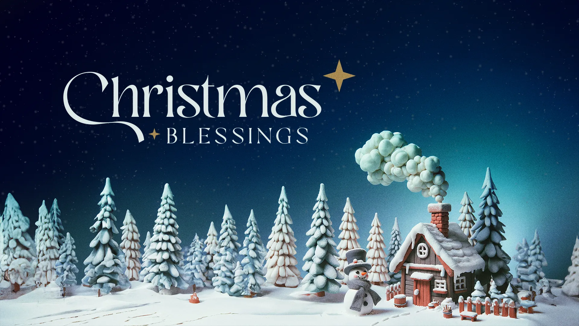Whimsical Christmas scene with snowy forest, cottage, and snowman under starry sky with "Christmas Blessings" text