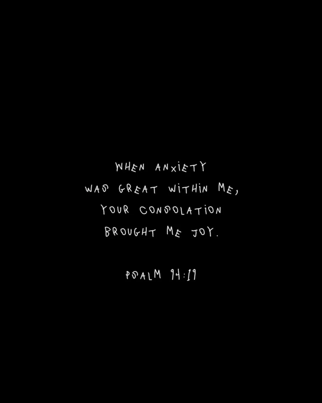 Grunge-style church media featuring handwritten Psalm 94:19 about God's consolation bringing joy during anxiety on black background