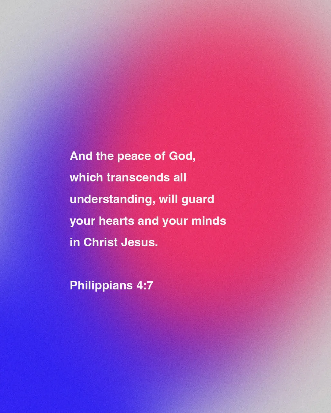 Experimental church media featuring Philippians 4:7 about God's peace guarding hearts and minds on vibrant pink and blue gradient background