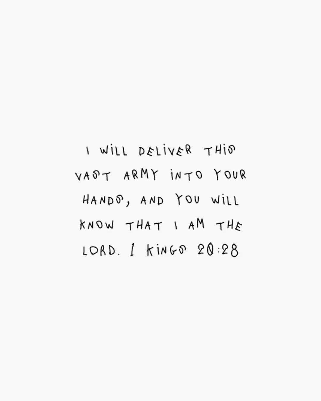 Grunge-style church media featuring handwritten 1 Kings 20:28 scripture about God delivering armies into their hands on white background