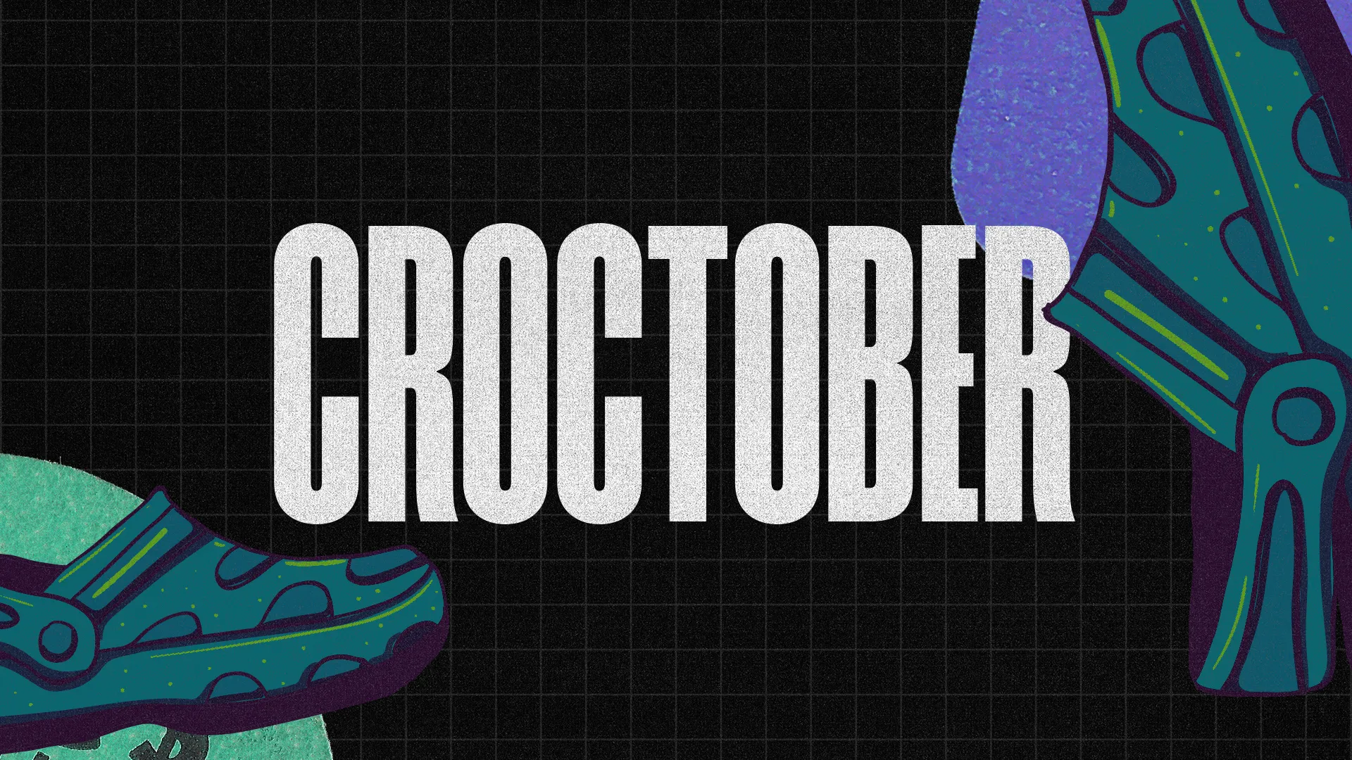 Stylized "Croctober" text in white on a black grid background with colorful Crocs shoe illustrations
