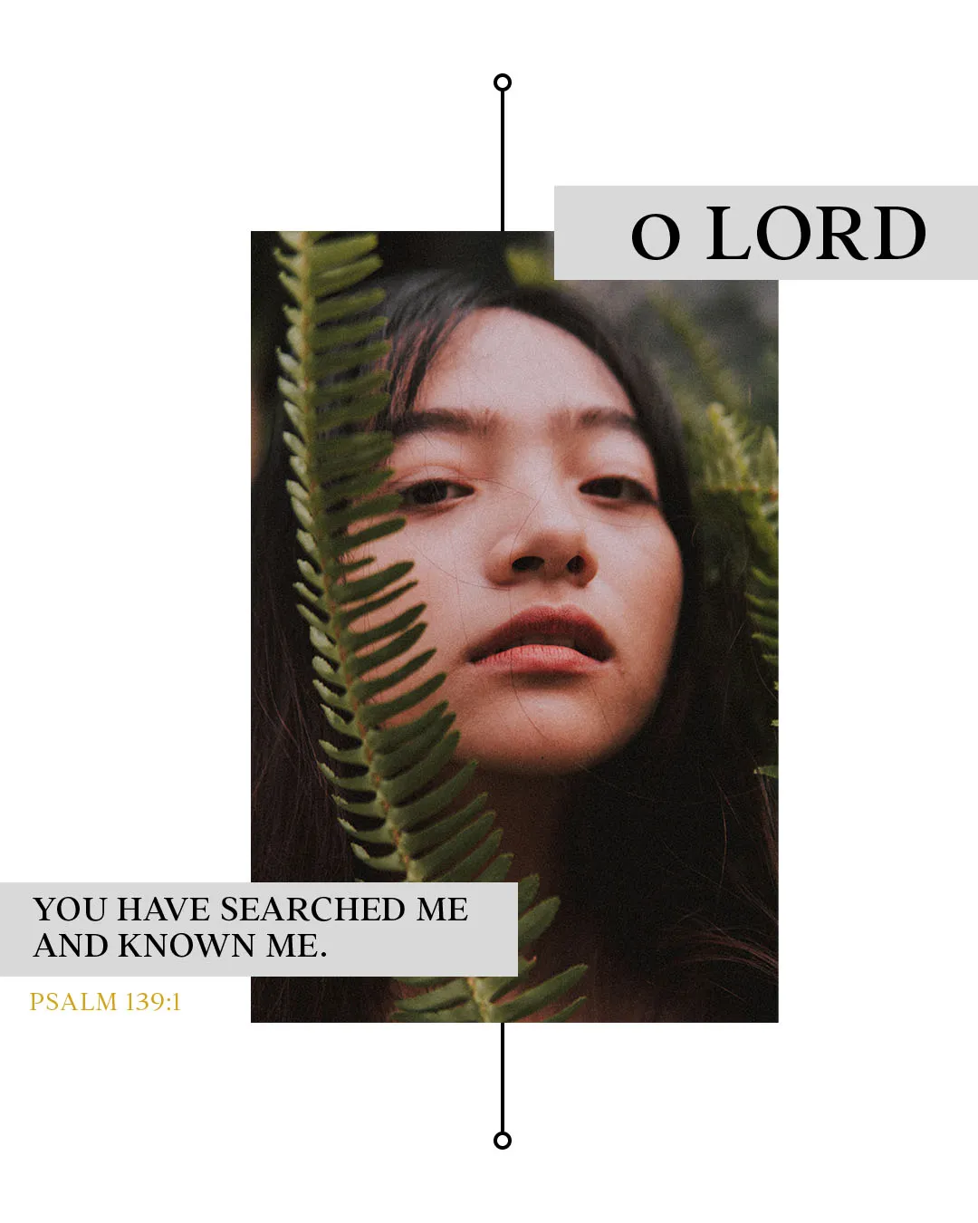 Minimalist church media design featuring Psalm 139:1 "O LORD you have searched me and known me" with portrait photo of young woman framed by fern leaves and clean typography