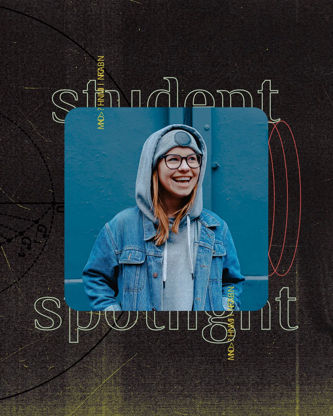Student spotlight church media template with distressed dark background, outline typography, and smiling young woman in glasses and hoodie against blue background